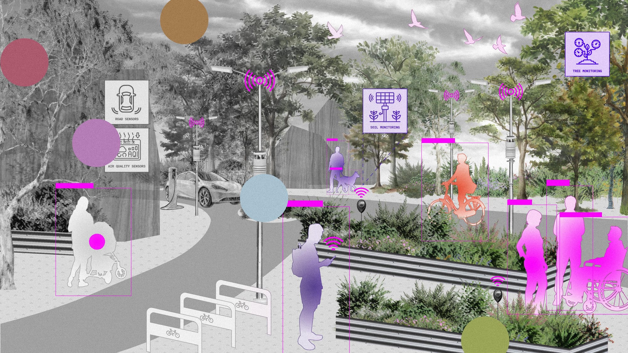 Illustration of a street where civic AI is already at work: air quality, road, soil and tree sensors mounted on light poles, with people walking, cycling and using wheelchairs moving through it, picked out in magenta and purple.