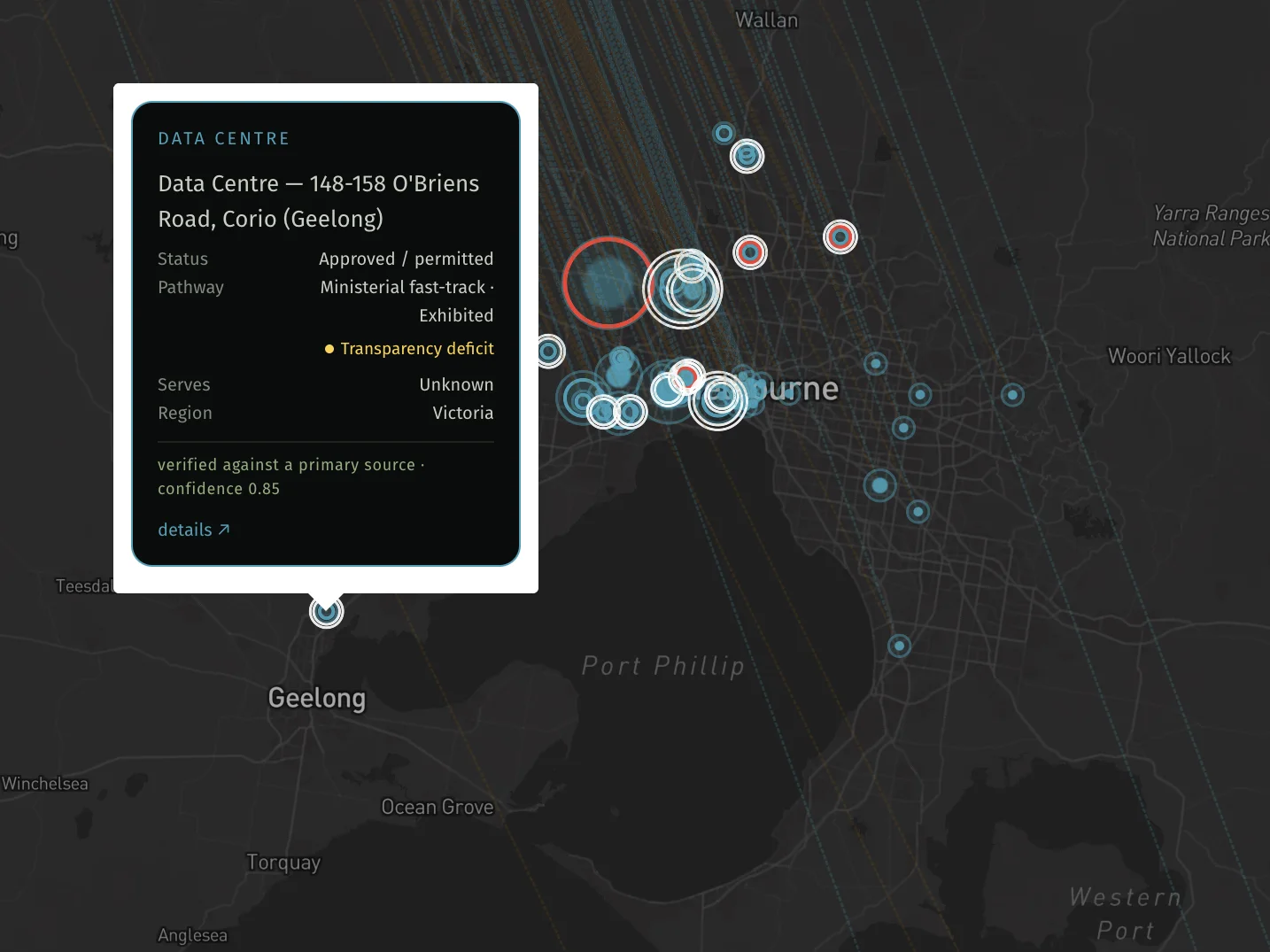 Map of data centre sites around Melbourne and Geelong, with the record card for an approved site at Corio: ministerial fast-track, transparency deficit.