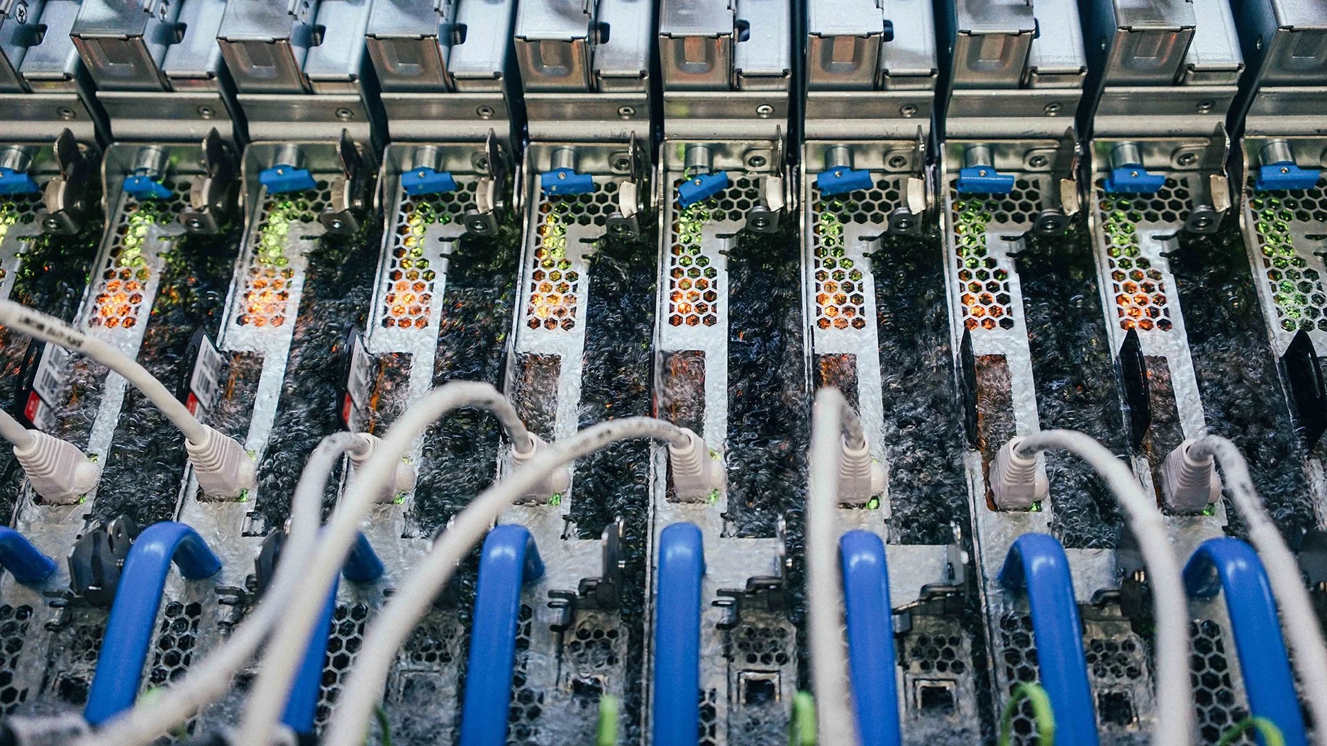 Server blades immersion-cooled in liquid inside a data centre.