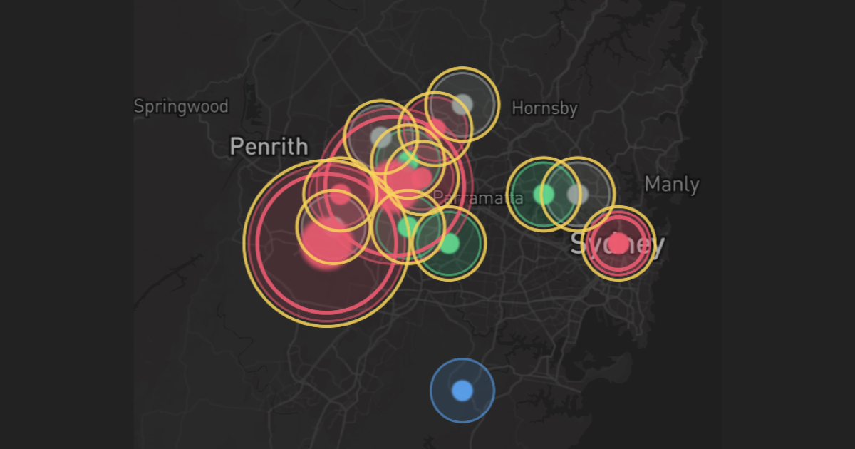 Map of contested and fast-tracked AI infrastructure across Greater Sydney, from Penrith and Parramatta to the coast, with rings marking disputed and state-fast-tracked sites.