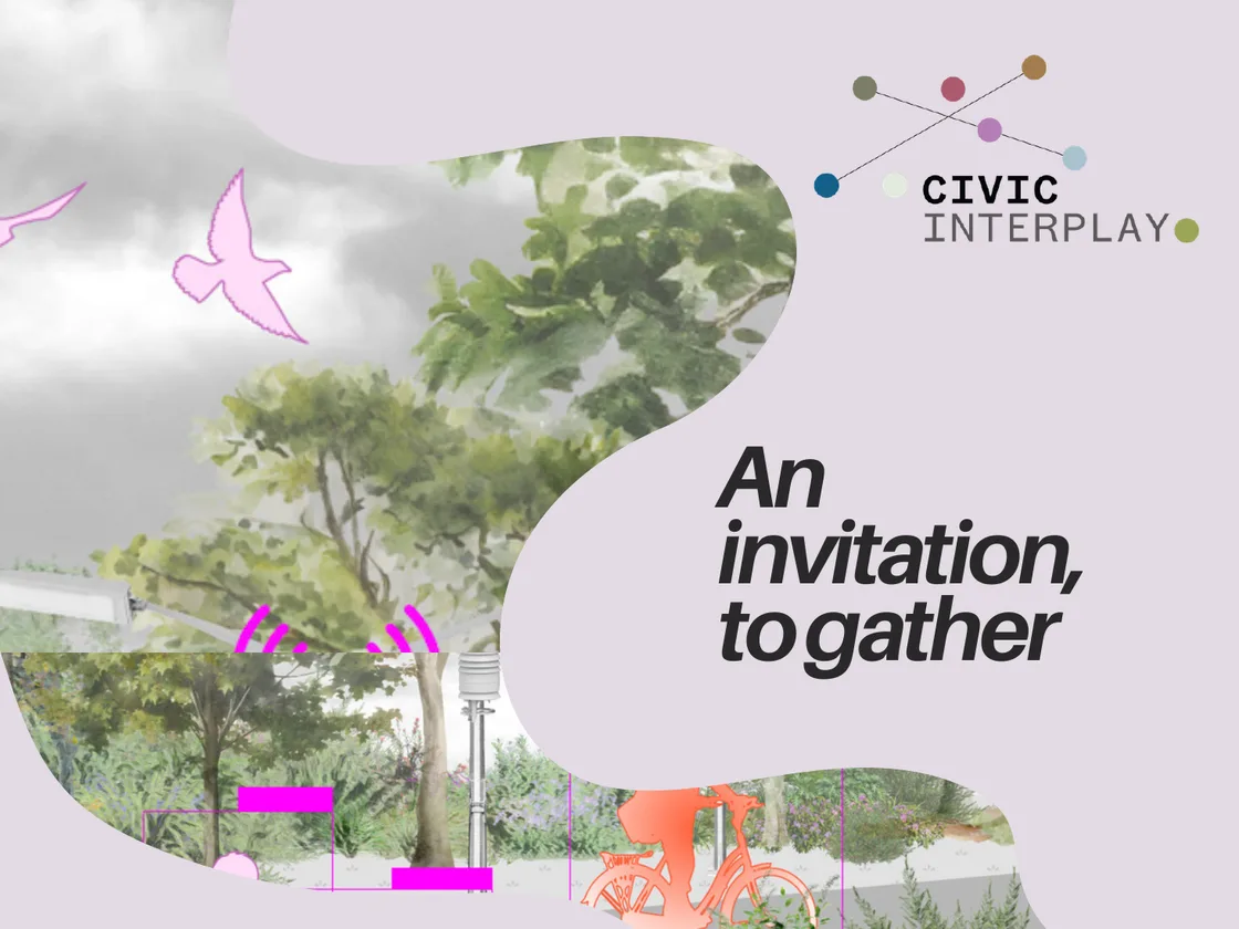 Invitation to Gathering Intelligences: a drawing of trees, birds and street sensors beside the words "An invitation, to gather".
